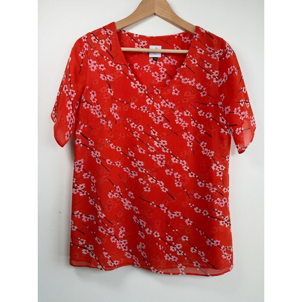Cabi Floral Chiffon V-Neck Split Sleeve Top Blouse Sheer Orange Size Small